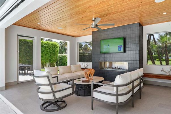 Fireplace, Interior, Living room, Recessed Lighting, Wooden Ceilings