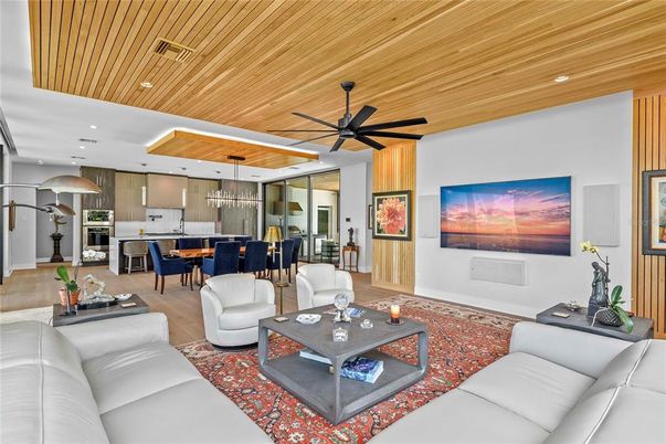 Dining room, Interior, Kitchen, Living room, Pendant Lights, Recessed Lighting, Stainless Steel Appliances, Wooden Ceilings