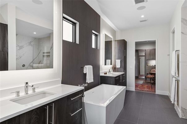 Bathroom, Dual Sink Vanities, Free Standing Baths, Interior, Marble Walls, Recessed Lighting