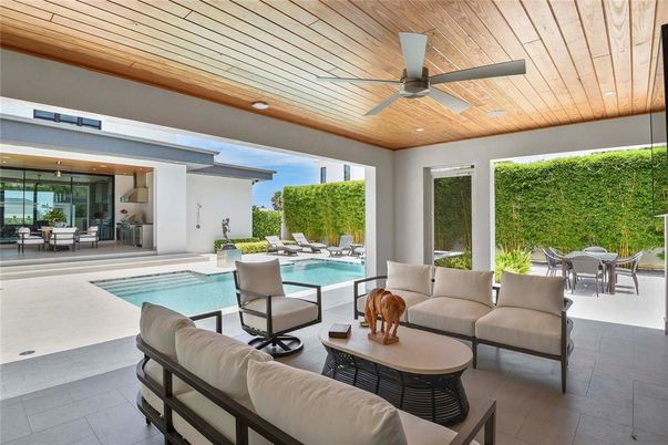 Exterior, Living room, Pool, Recessed Lighting, Wooden Ceilings