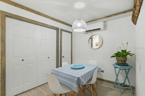 Dining room, Interior, Pendant Lights, Wood Texture Flooring