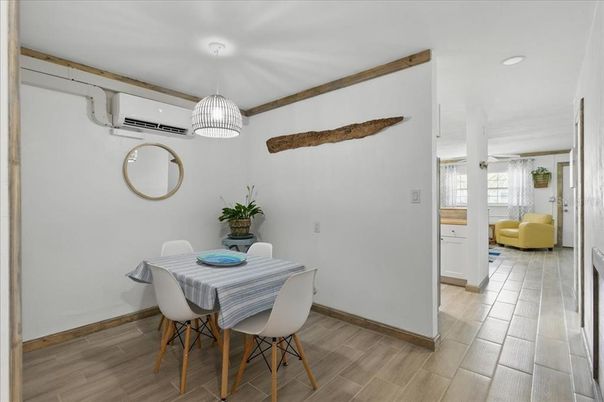 Dining room, Interior, Pendant Lights, Recessed Lighting, Wood Texture Flooring