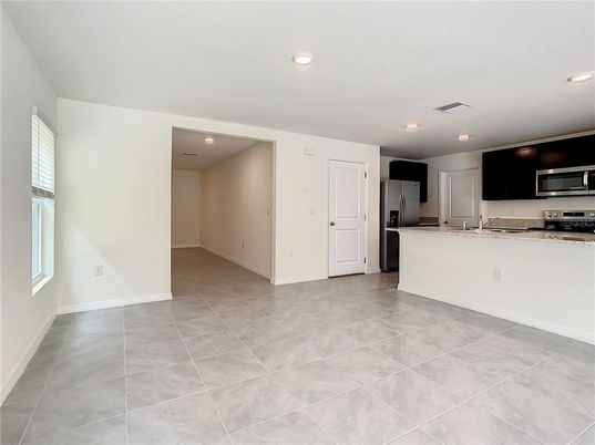 Empty room, Interior, Kitchen, Recessed Lighting, Stainless Steel Appliances