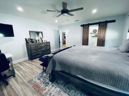 Bedroom, Interior, Recessed Lighting, Wood Texture Flooring