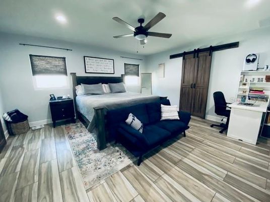 Bedroom, Home Office, Interior, Recessed Lighting, Wood Texture Flooring