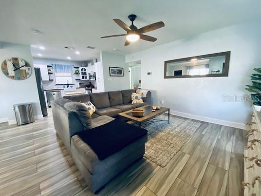 Interior, Kitchen, Living room, Recessed Lighting, Stainless Steel Appliances, Wood Texture Flooring