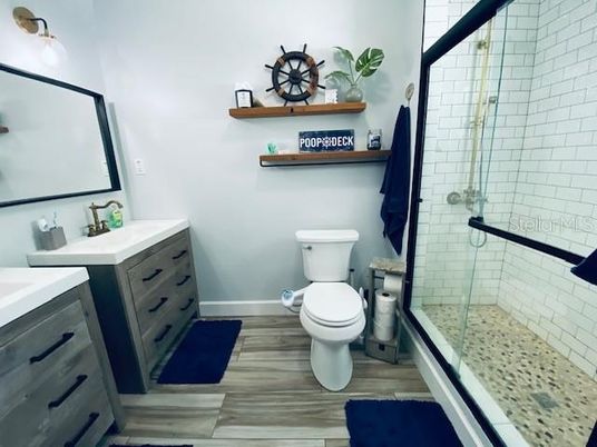 Bathroom, Glass Shower, Interior, Wood Texture Flooring