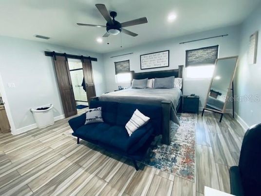 Bedroom, Interior, Recessed Lighting, Wood Texture Flooring