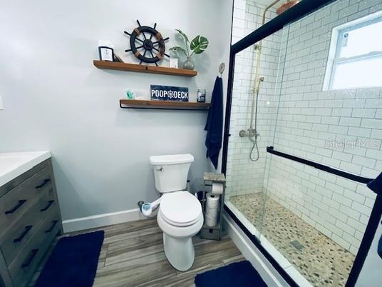 Bathroom, Glass Shower, Interior, Wood Texture Flooring