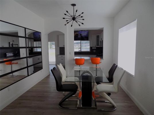 Dining room, Interior, Pendant Lights, Wood Texture Flooring