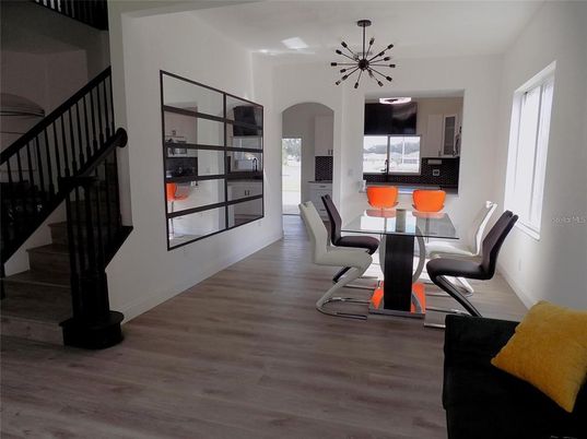 Dining room, Interior, Pendant Lights, Wood Texture Flooring
