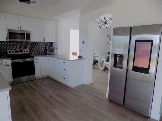 Interior, Kitchen, Stainless Steel Appliances, Wood Texture Flooring