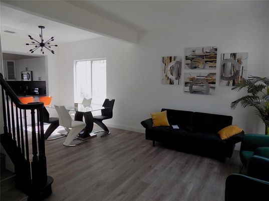 Dining room, Interior, Pendant Lights, Wood Texture Flooring