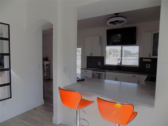 Interior, Kitchen, Pendant Lights, Wood Texture Flooring