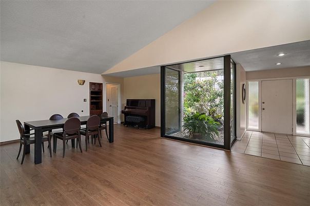 Dining room, Interior, Piano, Recessed Lighting, Wood Texture Flooring