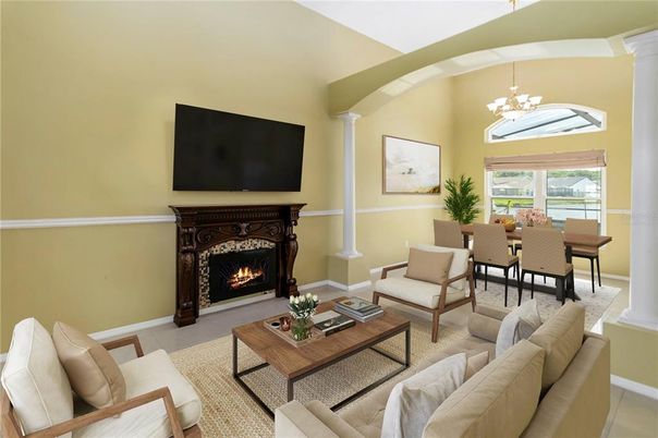 Chandelier, Dining room, Fireplace, Interior, Living room