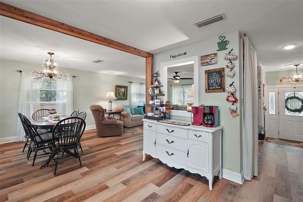 Chandelier, Dining room, Interior, Living room, Recessed Lighting, Wood Texture Flooring