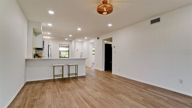 Empty room, Interior, Kitchen, Recessed Lighting, Wood Texture Flooring