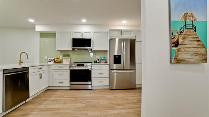 Interior, Kitchen, Recessed Lighting, Stainless Steel Appliances, Wood Texture Flooring