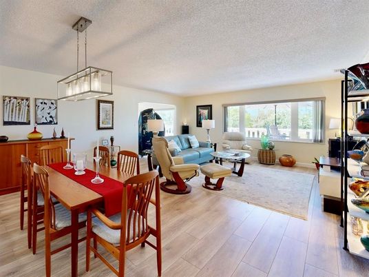 Dining room, Interior, Living room, Pendant Lights, Wood Texture Flooring
