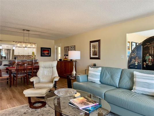 Dining room, Interior, Kitchen, Living room, Pendant Lights, Stainless Steel Appliances, Wood Texture Flooring