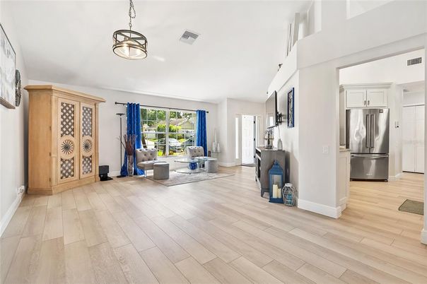 Interior, Kitchen, Pendant Lights, Stainless Steel Appliances, Wood Texture Flooring