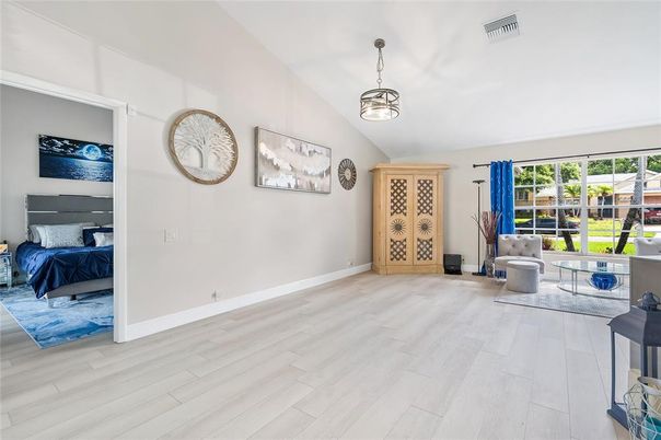 Bedroom, Interior, Pendant Lights, Wood Texture Flooring