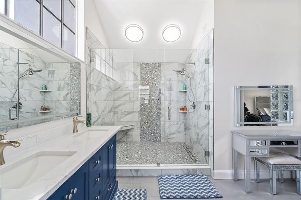 Bathroom, Dual Sink Vanities, Glass Shower, Interior, Marble, Marble Walls