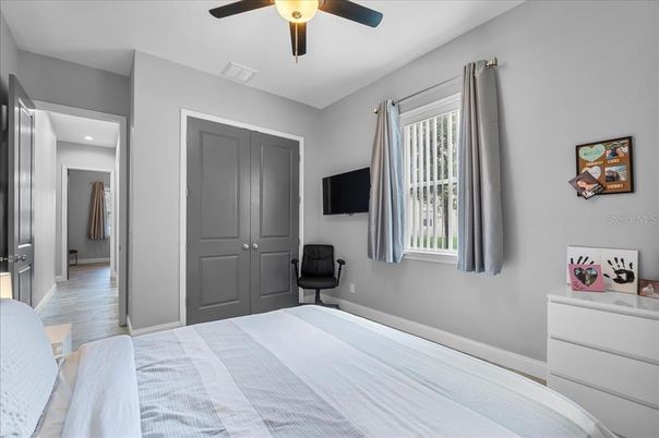 Bedroom, Interior, Recessed Lighting, Wood Texture Flooring