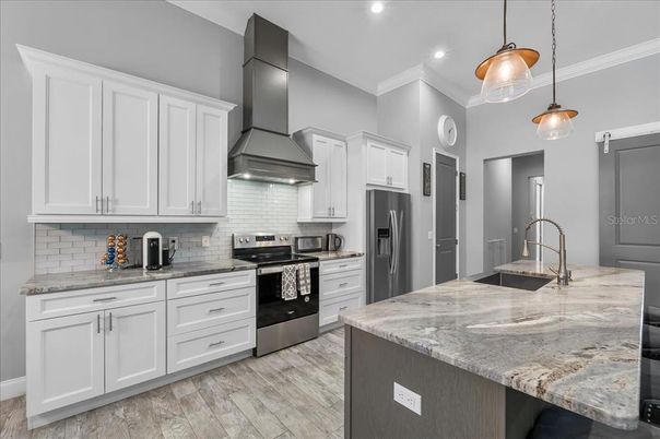 Interior, Kitchen, Pendant Lights, Recessed Lighting, Stainless Steel Appliances, Wood Texture Flooring