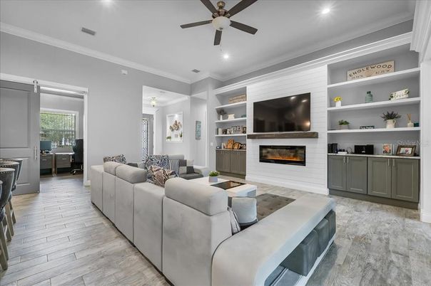 Fireplace, Interior, Living room, Recessed Lighting, Wood Texture Flooring