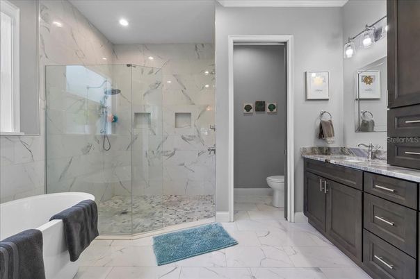 Bathroom, Glass Shower, Interior, Marble, Marble Walls, Recessed Lighting