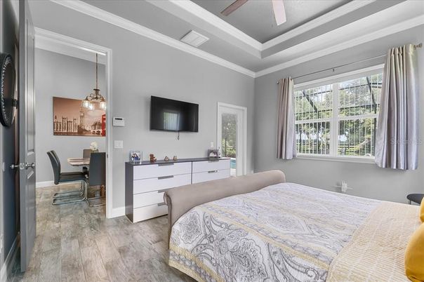 Bedroom, Interior, Pendant Lights, Wood Texture Flooring