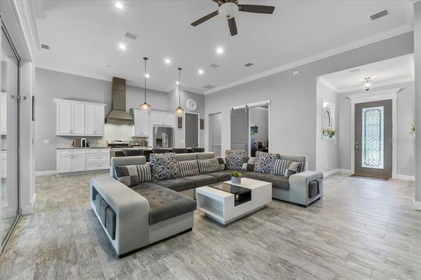 Interior, Kitchen, Living room, Pendant Lights, Recessed Lighting, Stainless Steel Appliances, Wood Texture Flooring