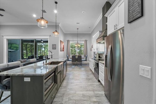 Dining room, Interior, Kitchen, Pendant Lights, Recessed Lighting, Stainless Steel Appliances