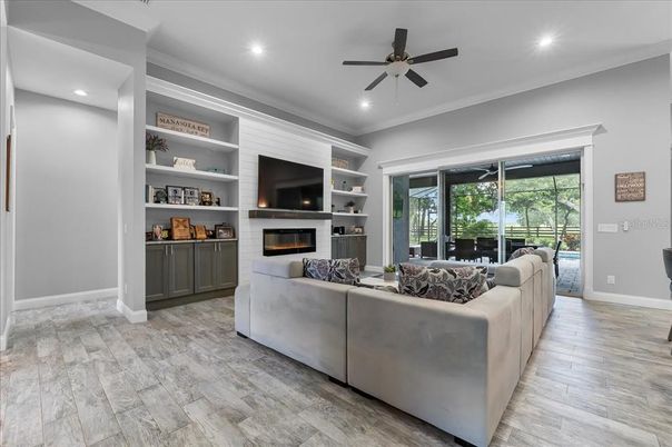 Fireplace, Interior, Living room, Recessed Lighting, Wood Texture Flooring