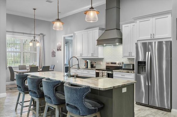 Interior, Kitchen, Pendant Lights, Stainless Steel Appliances, Wood Texture Flooring