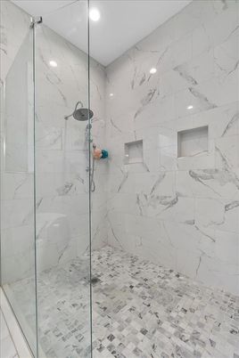 Bathroom, Glass Shower, Interior, Marble Walls, Recessed Lighting