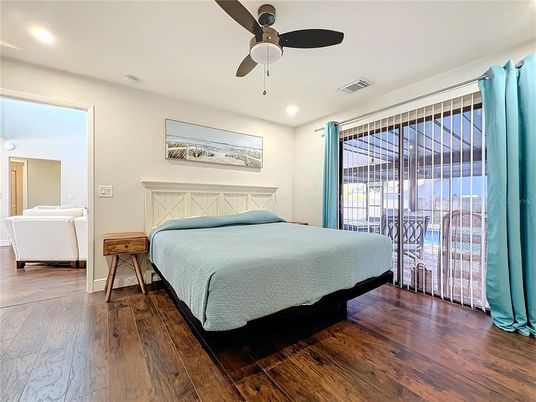 Bedroom, Interior, Recessed Lighting, Wood Texture Flooring
