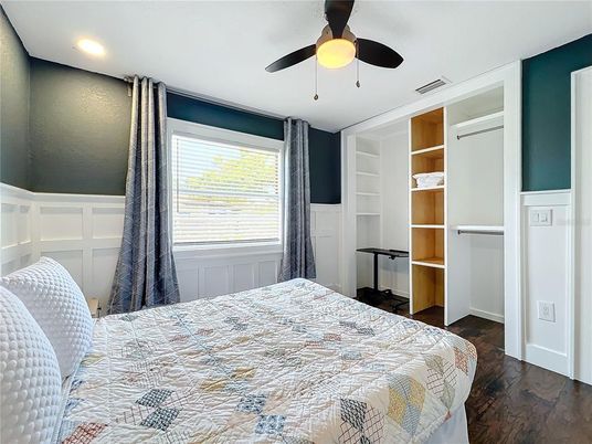 Bedroom, Interior, Recessed Lighting, Wood Texture Flooring
