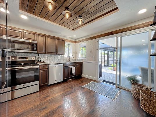 Interior, Kitchen, Recessed Lighting, Stainless Steel Appliances, Wooden Ceilings, Wood Texture Flooring