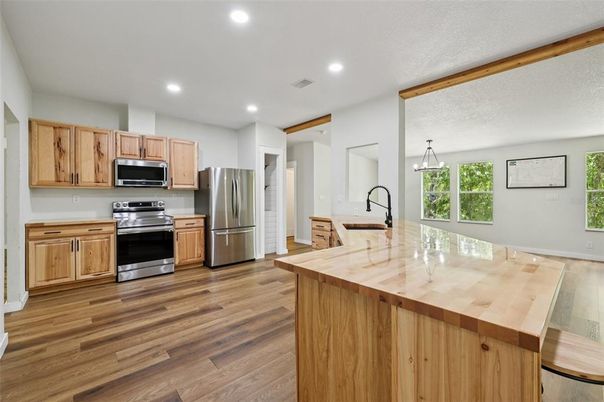 Interior, Kitchen, Recessed Lighting, Stainless Steel Appliances, Wood Texture Flooring