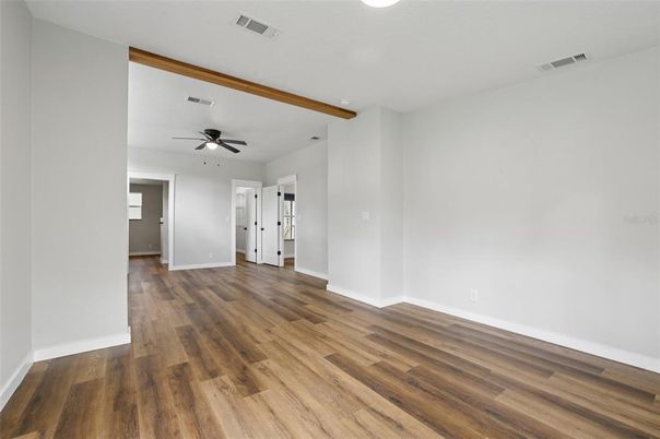 Empty room, Interior, Recessed Lighting, Wooden Beams, Wood Texture Flooring
