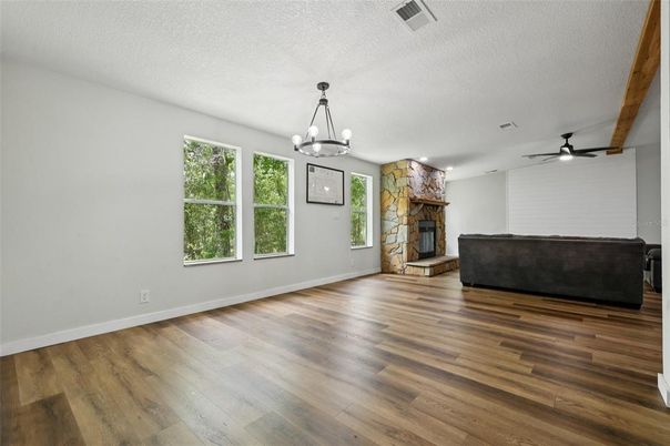 Chandelier, Empty room, Fireplace, Interior, Wood Texture Flooring