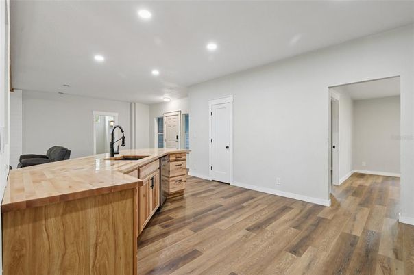 Interior, Kitchen, Recessed Lighting, Wood Texture Flooring