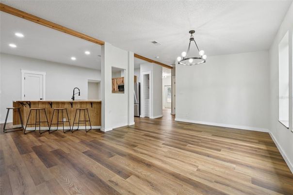 Chandelier, Empty room, Interior, Pendant Lights, Recessed Lighting, Wood Texture Flooring