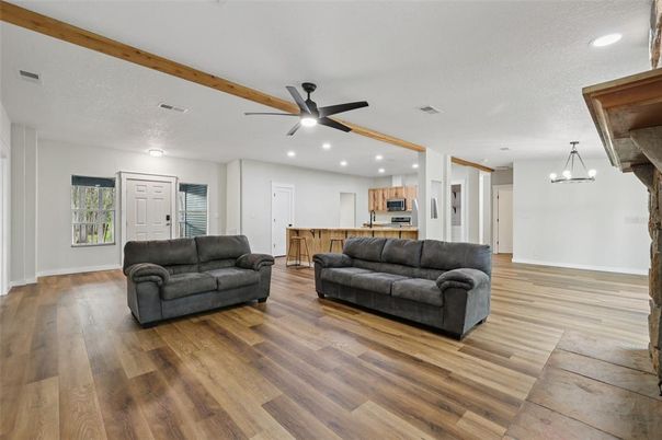 Interior, Kitchen, Living room, Pendant Lights, Recessed Lighting, Stainless Steel Appliances, Wood Texture Flooring