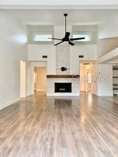 Empty room, Fireplace, Interior, Pendant Lights, Wood Texture Flooring