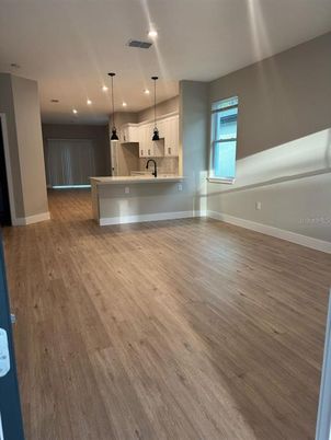 Empty room, Interior, Kitchen, Pendant Lights, Recessed Lighting, Wood Texture Flooring