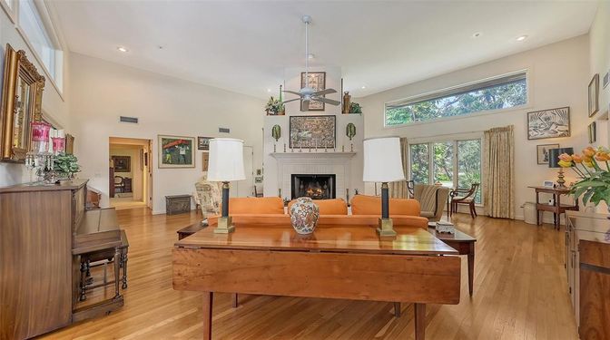 Fireplace, Interior, Pendant Lights, Piano, Recessed Lighting, Wood Texture Flooring